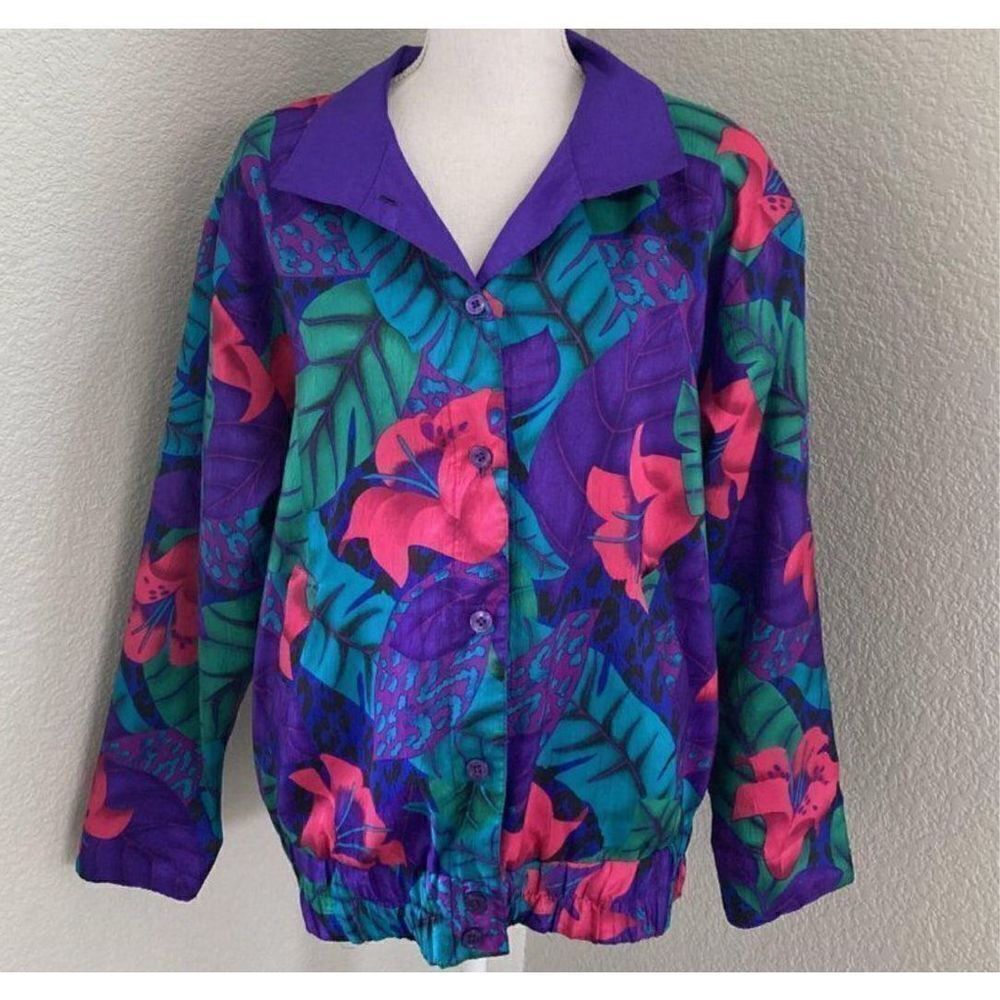 Joan Walters 90’s Vintage Purple Floral Reversible Windbreaker Jacket Size S
